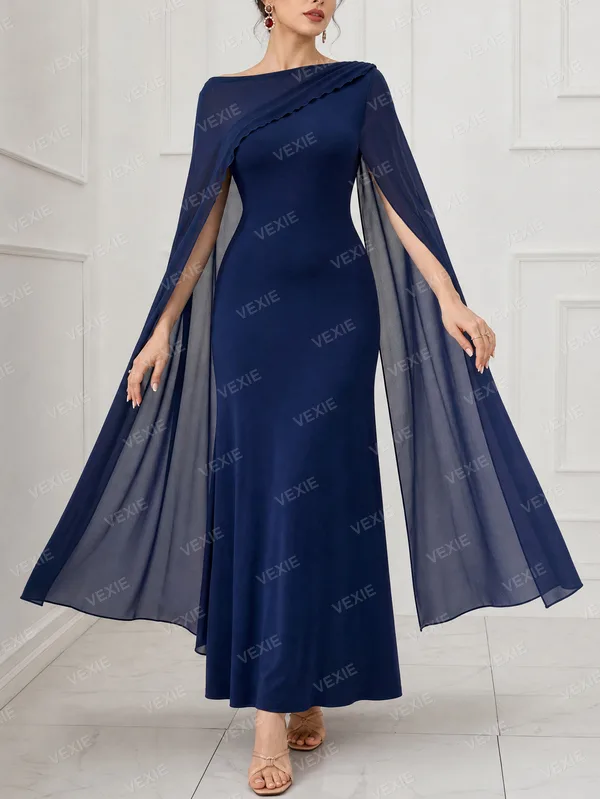 Vestido Longo com Capa de Chiffon Azul Marinho