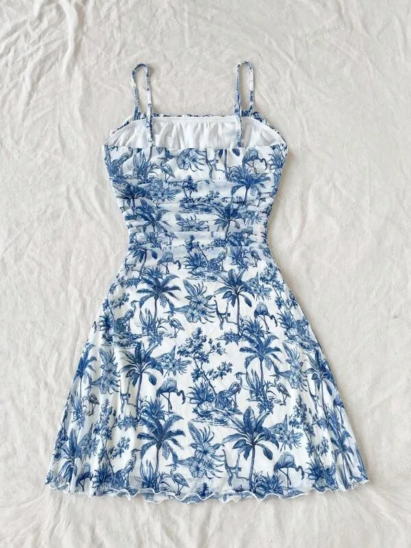 Vestido Curto Alça Fina Estampa Tropical Azul