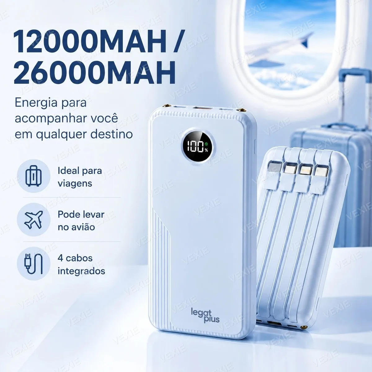 Power Bank Legal Plus com 4 Cabos e Display 22,5W