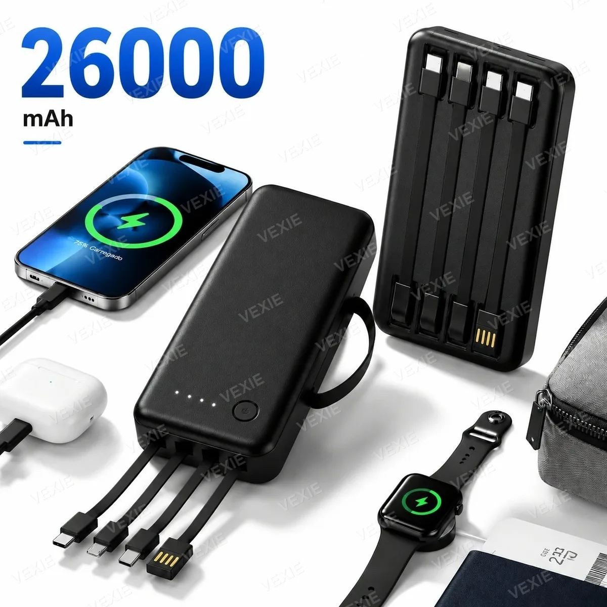Power Bank 26000 mAh com 4 Cabos Integrados